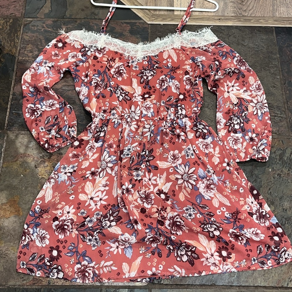 Gypsies & Moondust beige floral short DRESS lace off shoulder thin straps J68040